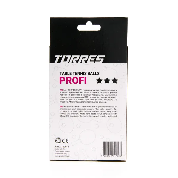 Мяч для наст. тенниса TORRES Profi 3*, TT23012, диам. 40+мм, упак. 6 шт, белый за 338.30 ₽ в Нижнем Тагиле