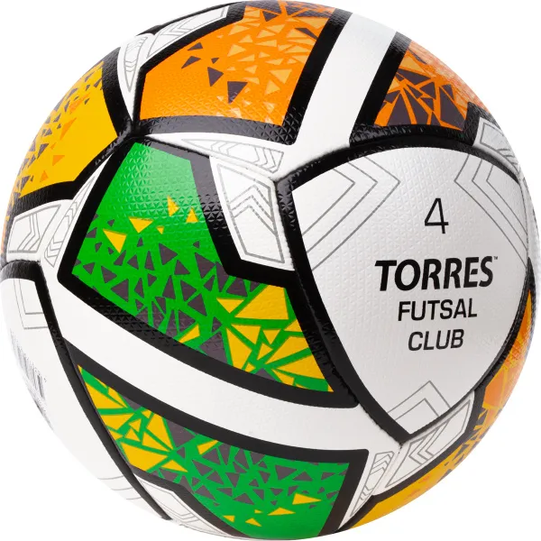 Мяч футзал. TORRES Futsal Club, FS323764, р.4, 10 пан. ПУ, 4 под. сл, гибрид. сш. бело-зел-оранж за 2&nbsp;264.40 ₽ в Нижнем Тагиле